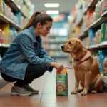 Femme qui compare des sacs de croquettes pour chien dans un magasin animalerie avec son golden retriever