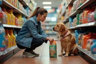 Femme qui compare des sacs de croquettes pour chien dans un magasin animalerie avec son golden retriever