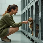 Femme adoptant un chat dans un refuge à Grenoble, posant des questions au personnel sur l'animal