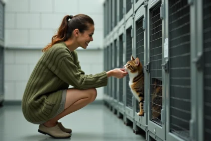 Femme adoptant un chat dans un refuge à Grenoble, posant des questions au personnel sur l'animal