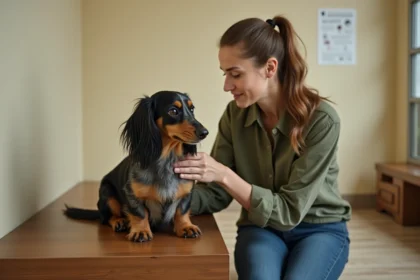 Femme adoptant un teckel arlequin poil long adulte dans un refuge pour animaux