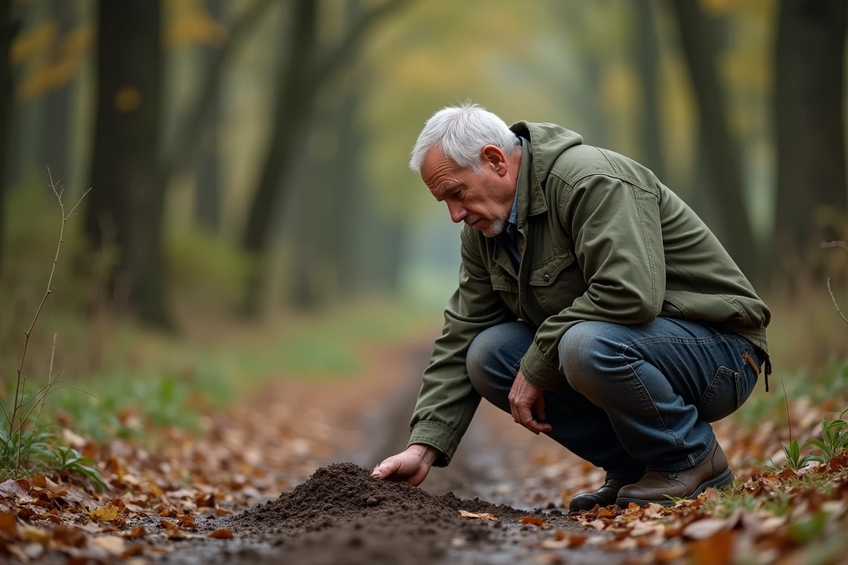 Agriculteur français inspectant des crottes de sanglier fraîches sur un chemin forestier boueux près de sa propriété