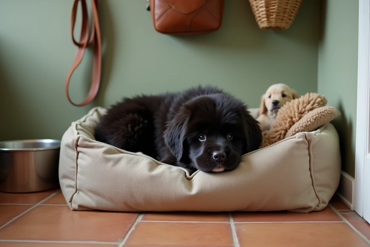 Chiot Terre Neuve installé dans un coin d'accueil aménagé avec panier, gamelle et laisse dans un vestibule