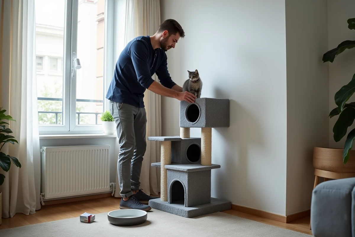 Homme assemblant un arbre à chat et préparant les accessoires essentiels avant l'adoption d'un chaton de 3 mois à Rennes