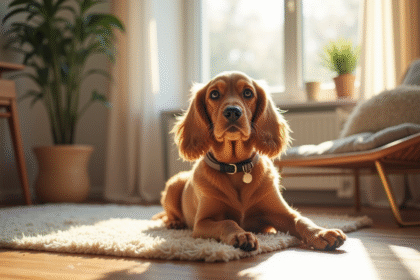 Chien cocker spaniel assis dans un salon lumineux