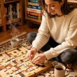 Jeune femme jouant au petit bac avec des animaux en I sur un plateau de lettres en bois dans un salon chaleureux