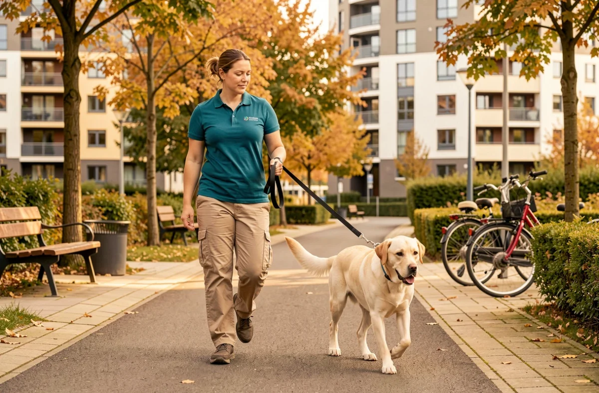 Éducatrice d'Animalo Poils en session de marche en laisse avec un Labrador sur une allée piétonne de Rosny-sous-Bois