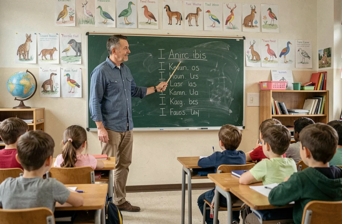 Enseignant montrant une liste d'animaux en I au tableau dans une salle de classe avec des élèves attentifs