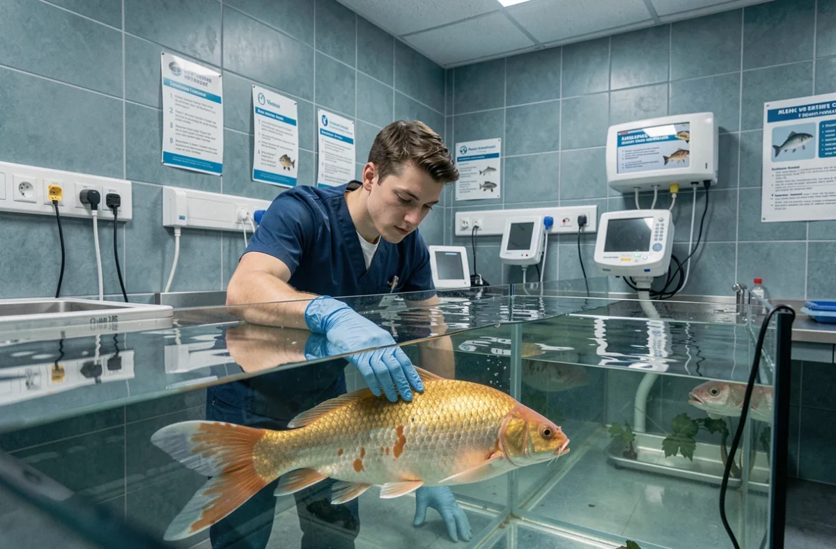 Un vétérinaire spécialisé examine un poisson dans la clinique aquatique Aquivet