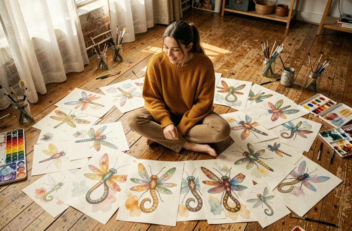 Jeune artiste entourée de croquis de libellules fantastiques posés sur le parquet d'un loft créatif