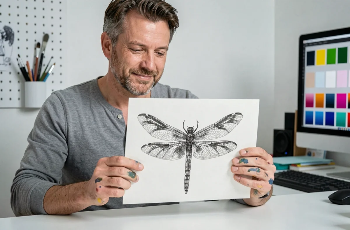 Artiste tenant un dessin à l'encre d'une libellule légendaire aux ailes écaillées dans un studio épuré