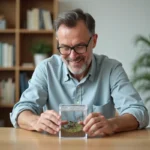 Homme d'âge moyen assemble un terrarium à fourmis dans un espace cosy