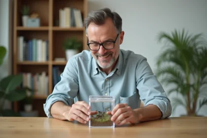 Homme d'âge moyen assemble un terrarium à fourmis dans un espace cosy