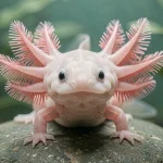 Axolotl rose aux branchies externes en éventail reposant sur un rocher dans un aquarium d'eau douce, animal rare et fascinant