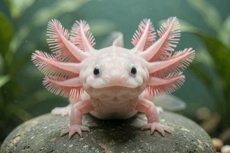 Axolotl rose aux branchies externes en éventail reposant sur un rocher dans un aquarium d'eau douce, animal rare et fascinant