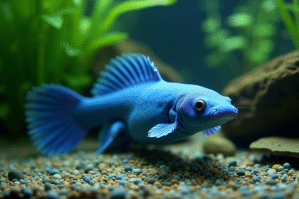 Axolotl bleu nageant dans un aquarium naturel