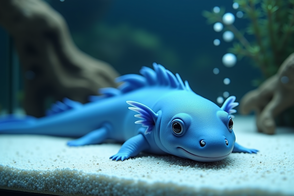Axolotl bleu reposant sur du gravier blanc dans un aquarium