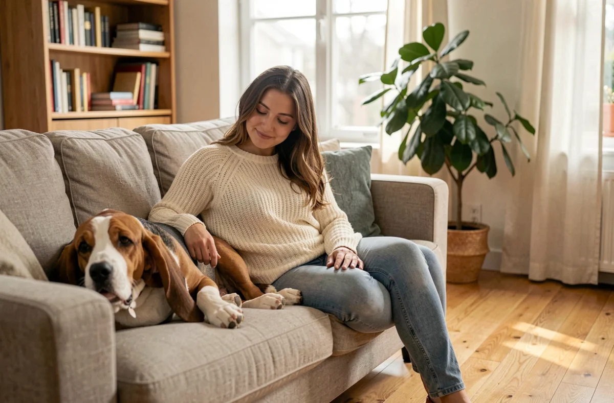 Femme et Basset Hound Griffon Vendéen allongés ensemble sur un canapé en lin dans un salon chaleureux et cosy