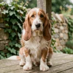 Basset Hound Griffon Vendéen assis sur un porche en bois rustique, regardant l'objectif avec des yeux expressifs et un pelage rêche bicolore
