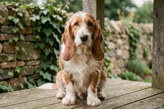 Basset Hound Griffon Vendéen assis sur un porche en bois rustique, regardant l'objectif avec des yeux expressifs et un pelage rêche bicolore