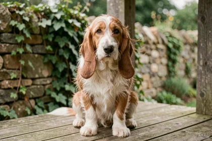 Basset Hound Griffon Vendéen assis sur un porche en bois rustique, regardant l'objectif avec des yeux expressifs et un pelage rêche bicolore