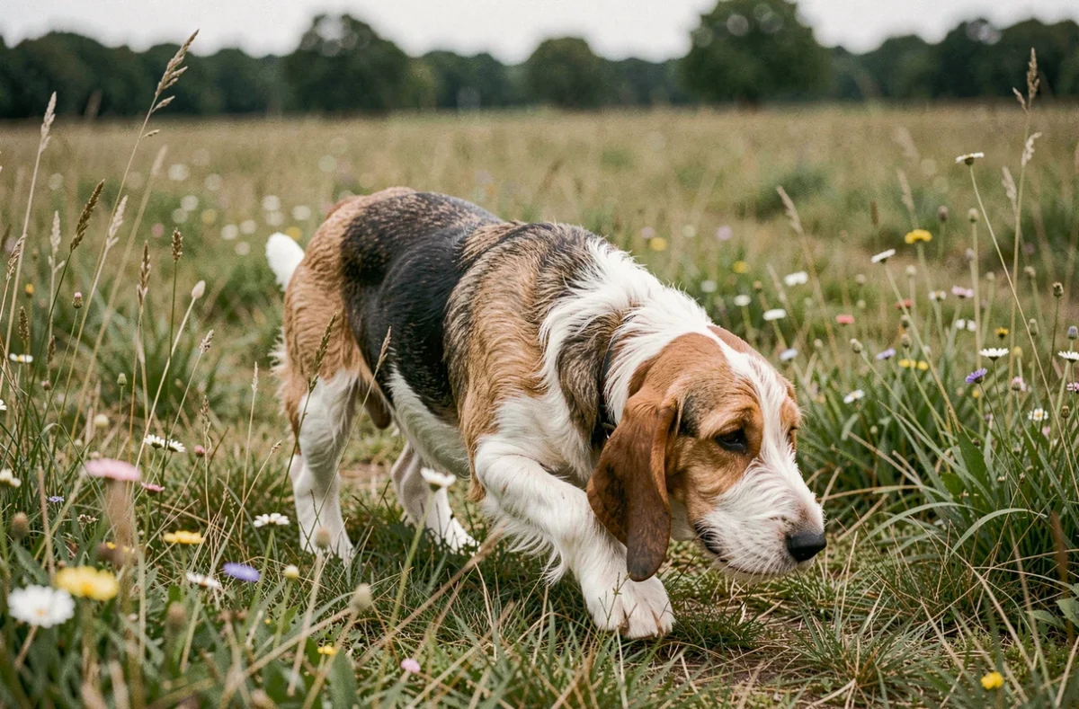 Basset Hound Griffon Vendéen en pleine course dans une prairie fleurie de campagne française, museau près du sol sur une piste olfactive