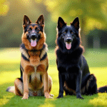Chien berger allemand classique et noir assis côte à côte dans un parc ensoleille