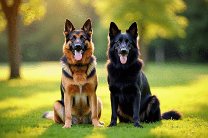 Chien berger allemand classique et noir assis côte à côte dans un parc ensoleille