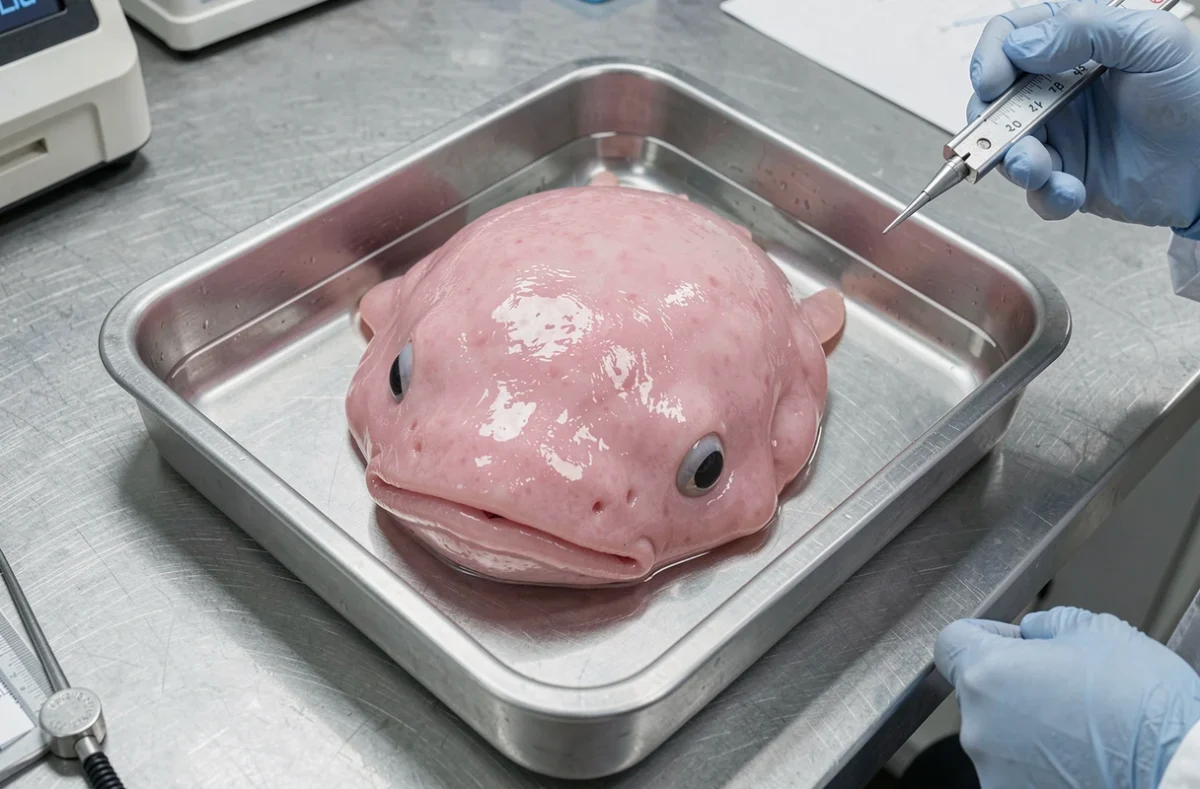 Blobfish posé dans un plateau de laboratoire marin, poisson gélatineux aux traits tombants étudié par des chercheurs en biologie marine