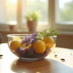 Bol avec lavande citron et romarin sur table en bois