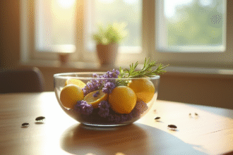 Bol avec lavande citron et romarin sur table en bois