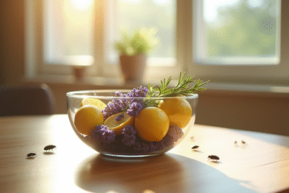 Bol avec lavande citron et romarin sur table en bois