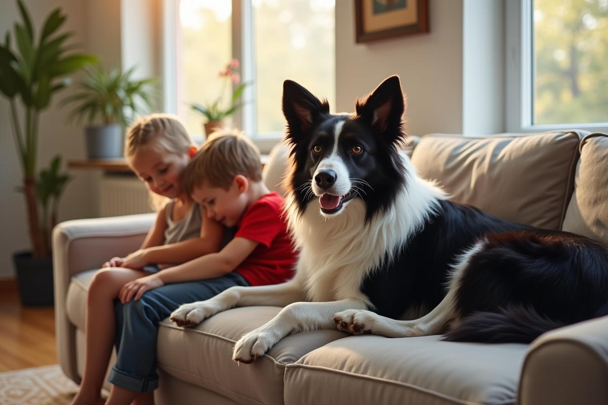 Border collie câliné sur un canapé avec deux enfants