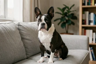 Boston Terrier adulte assis seul sur un canapé, regard mélancolique évoquant l'anxiété de séparation chez le chien