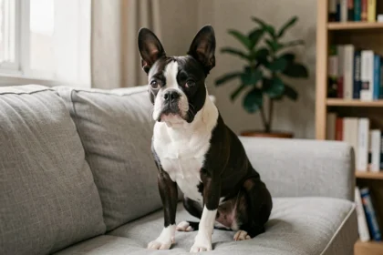 Boston Terrier adulte assis seul sur un canapé, regard mélancolique évoquant l'anxiété de séparation chez le chien