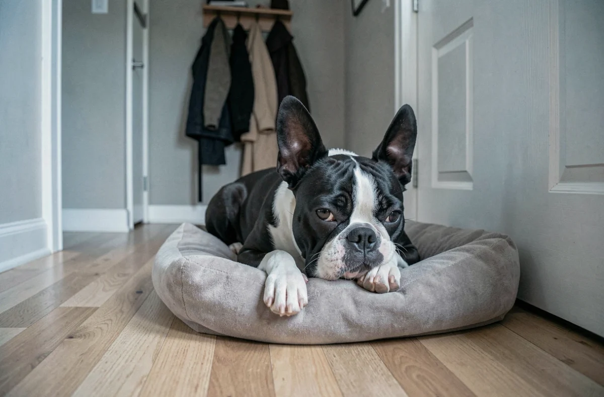 Boston Terrier adulte allongé devant la porte d'entrée, attendant le retour de son maître, illustration de l'anxiété de séparation