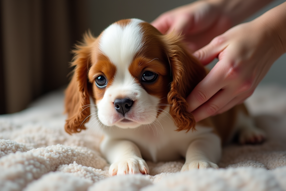 Brossage doux d un chiot cavalier sur une couverture