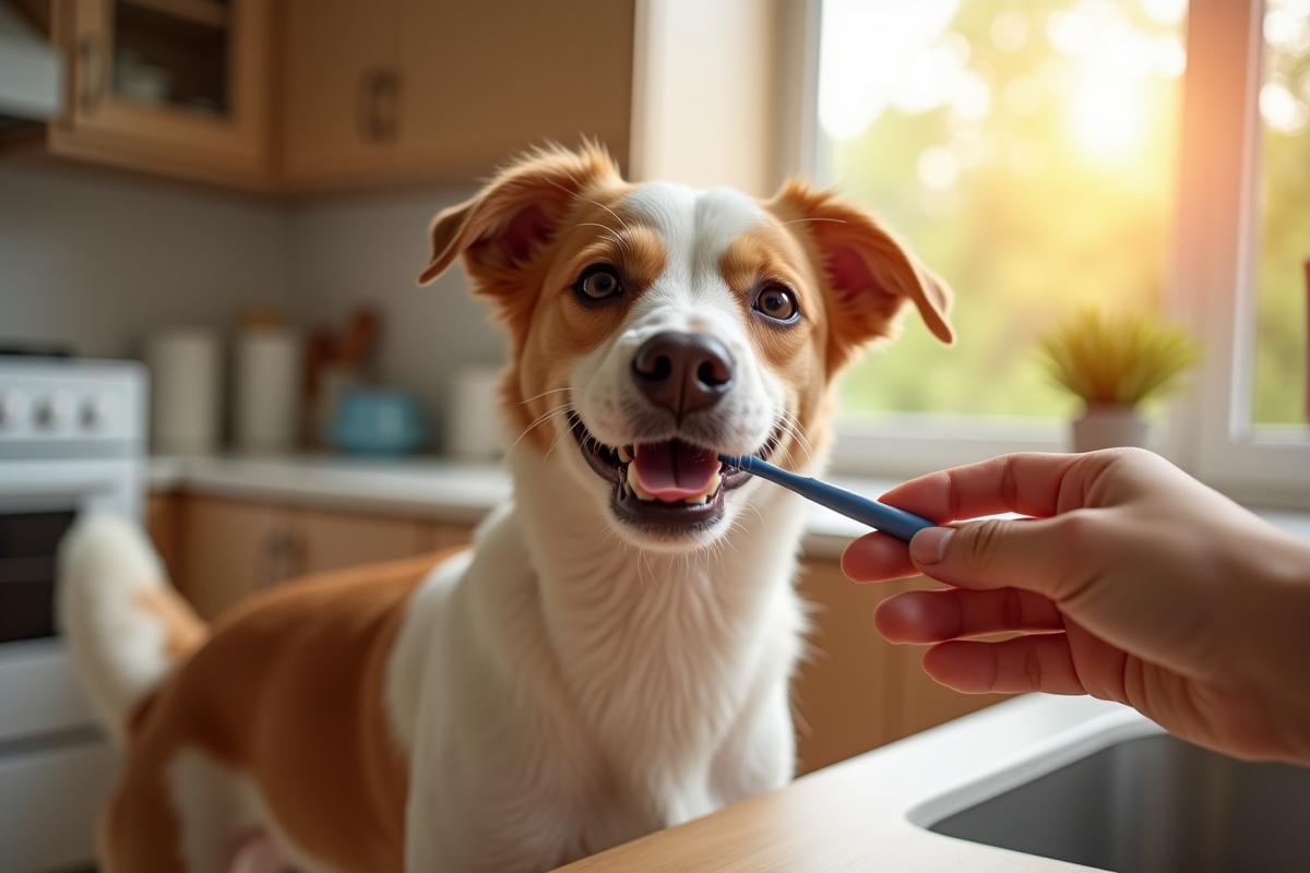Propriétaire brossant dents petit chien heureux à la maison