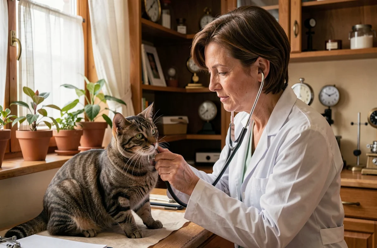 Dr Cordonnier Dominique ausculte un chat roux dans son cabinet vétérinaire traditionnel