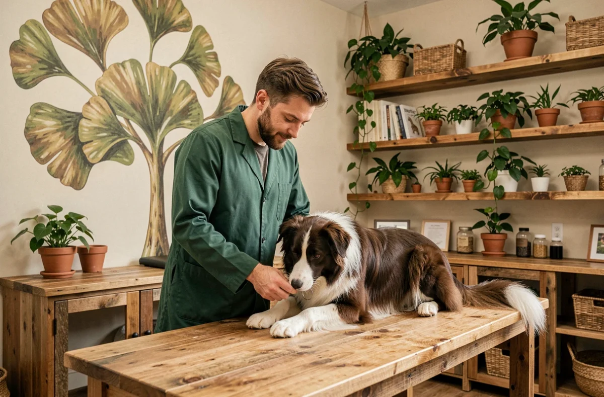 Un vétérinaire examine la patte d'un border collie dans le Cabinet Vétérinaire du Ginkgo