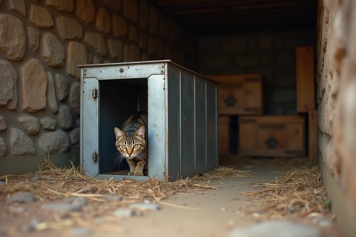 Cage attrape chat galvanisée posée dans une grange, un chat tigré s'approche prudemment de l'entrée ouverte du piège