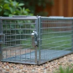 Cage attrape chat en métal galvanisé posée sur un chemin de gravier en extérieur, structure solide avec porte à ressort et déclencheur à appât