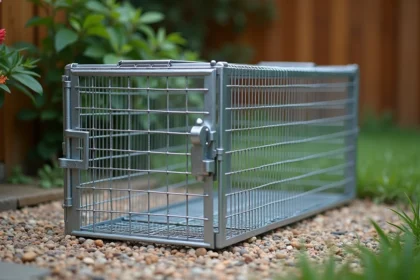 Cage attrape chat en métal galvanisé posée sur un chemin de gravier en extérieur, structure solide avec porte à ressort et déclencheur à appât