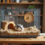 Cage spacieuse pour hamster russe nain avec roue, cachette en bois et litière profonde posée sur un bureau en bois