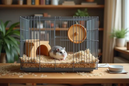 Cage spacieuse pour hamster russe nain avec roue, cachette en bois et litière profonde posée sur un bureau en bois