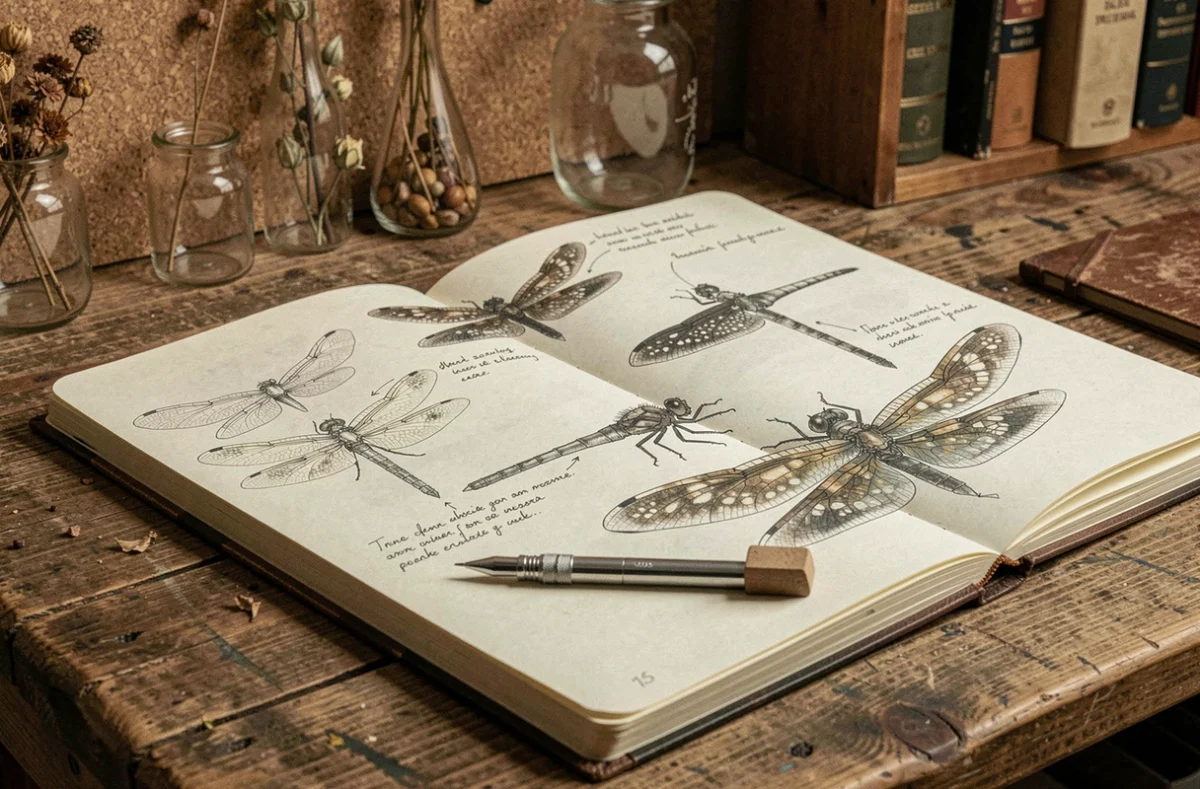 Carnet de croquis ouvert sur des études détaillées d'une libellule fantastique façon créature légendaire