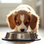 Chiot cavalier king charles mangeant dans la cuisine lumineuse