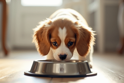 Chiot cavalier king charles mangeant dans la cuisine lumineuse