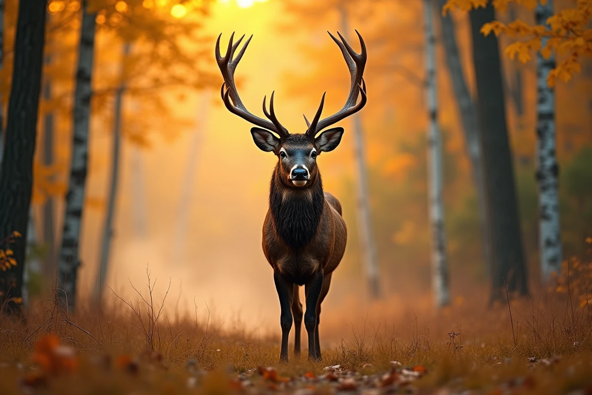 Cerf élaphe en train de bramer dans une clairière forestière en automne
