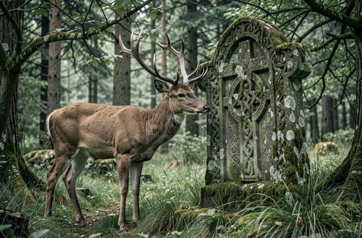 Cerf solitaire debout près d'une pierre druidique couverte de mousse en forêt, illustrant la symbolique spirituelle et ésotérique du cerf dans les traditions anciennes
